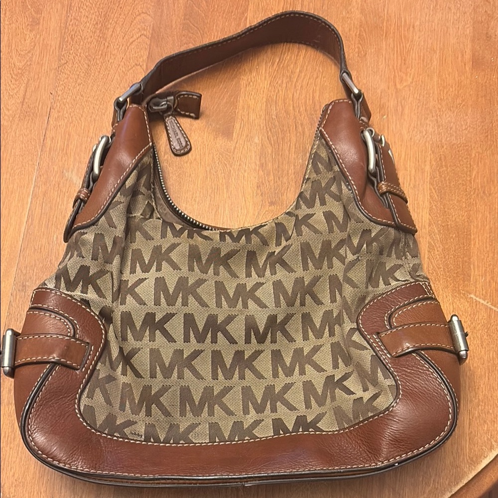 Michael Kors Brown Monogram Shoulder Bag with Gold Hardware